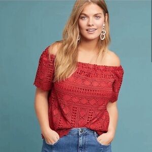 Sunday In Brooklyn Anthropologie Evie Off Shoulder Eyelet Lace Top Rust Large